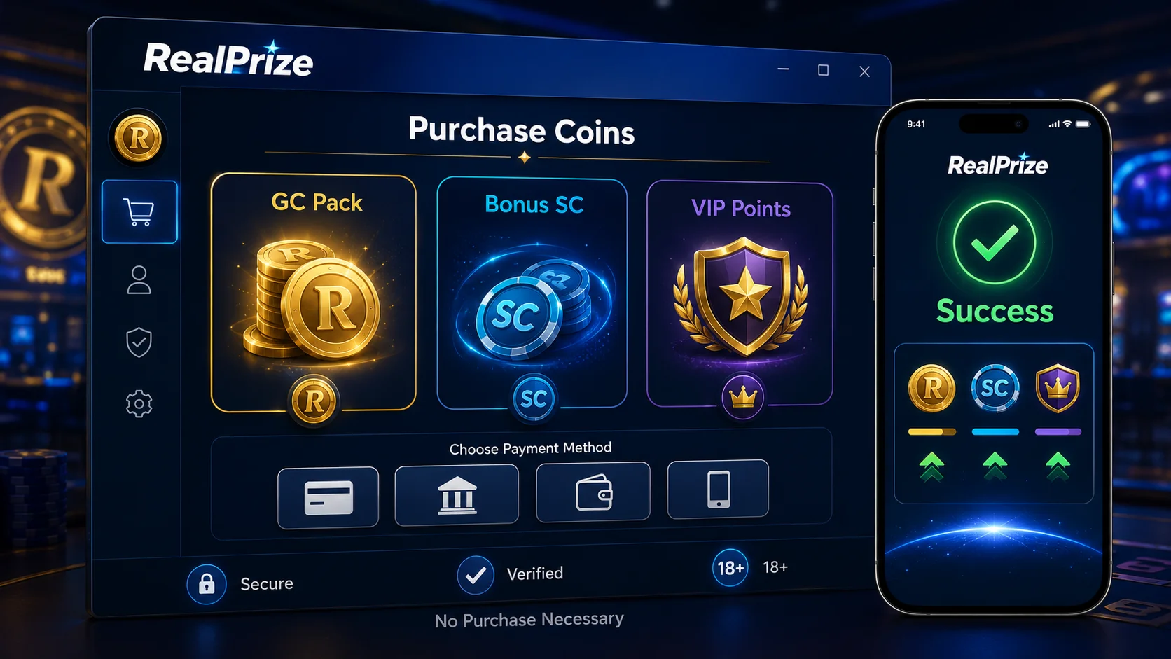 RealPrize Casino coin packages — Gold Coin purchase options with bonus Sweeps Coins