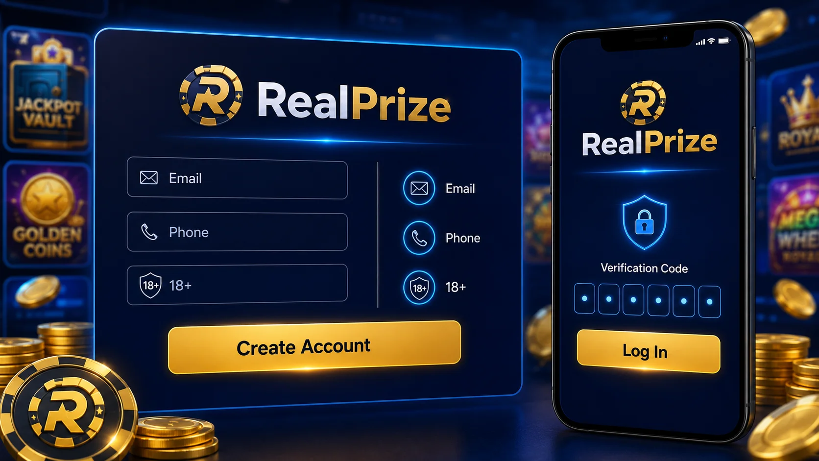 Creating a free RealPrize Casino account on the official platform — email and phone sign-up, no payment needed