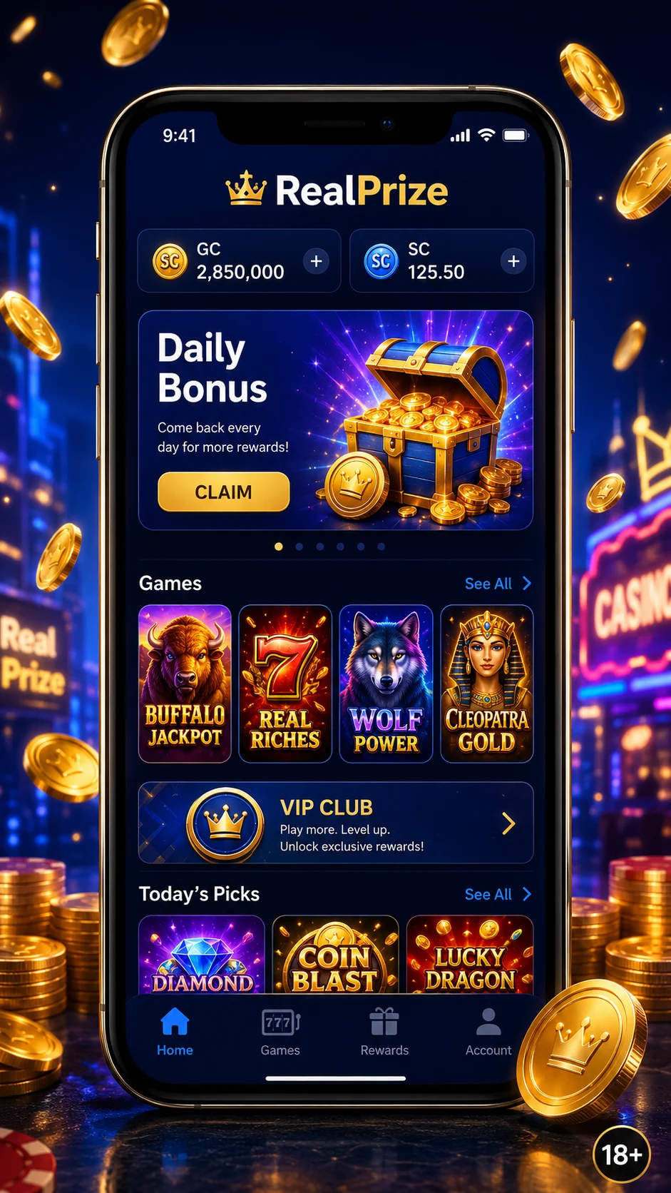 RealPrize Casino iOS app screen showing the daily bonus, game lobby and VIP Club