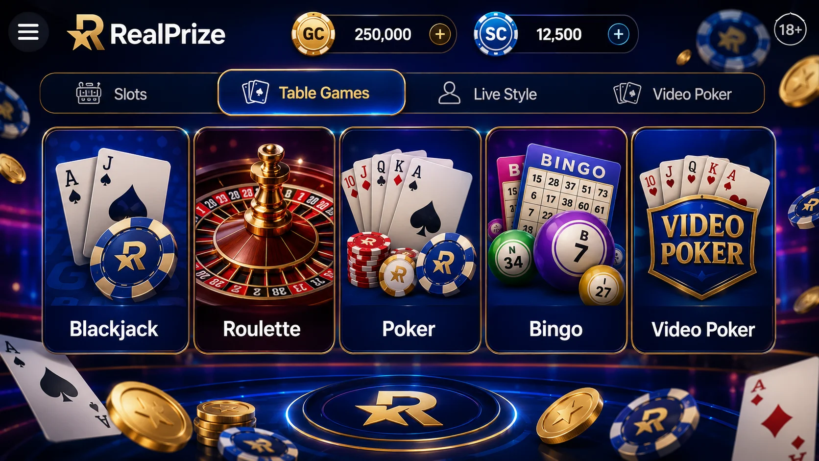 RealPrize Casino game categories — slots, table games, live-style games and video poker