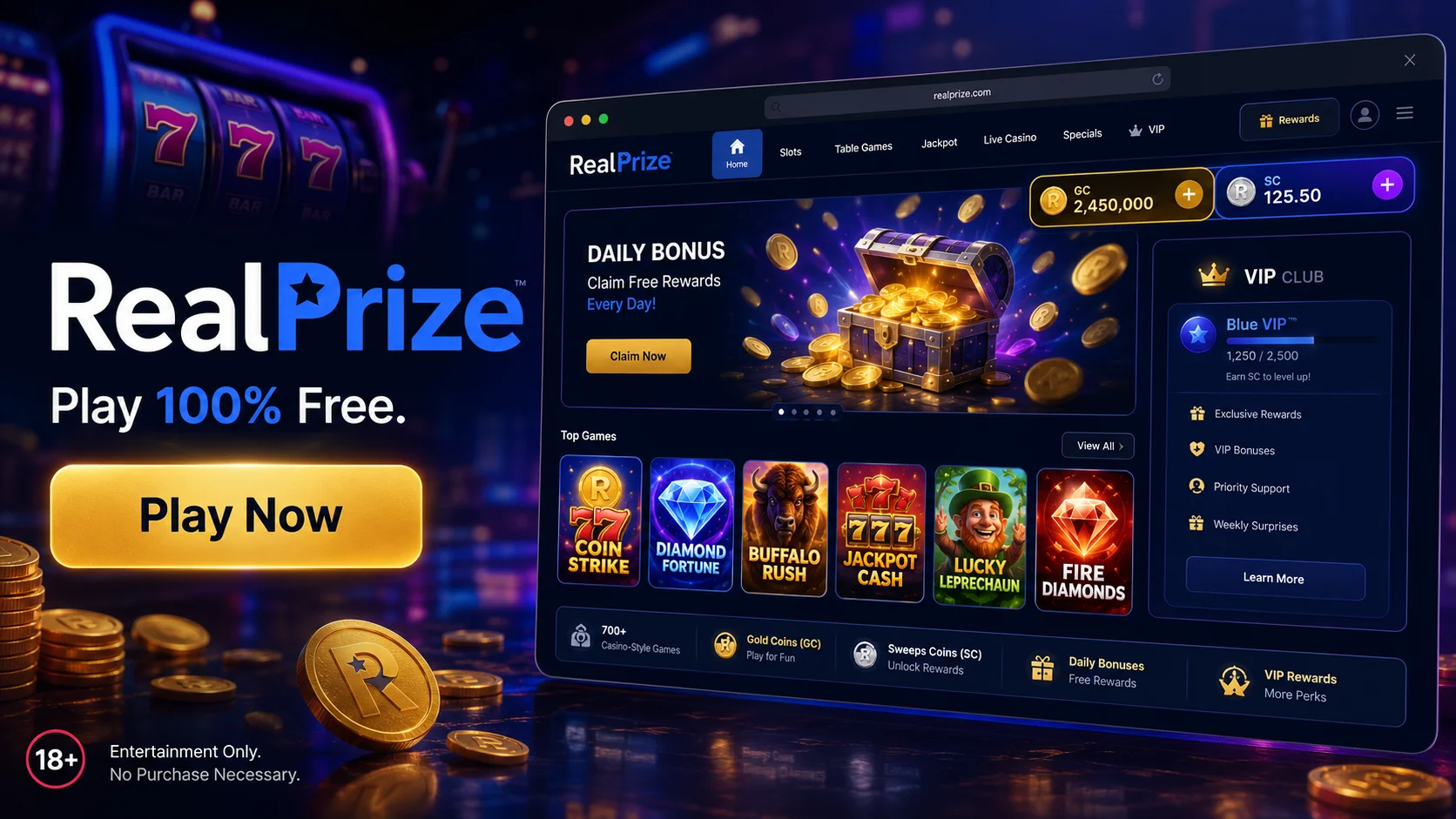 RealPrize Casino online lobby showing free-to-play games and the Play Now button for US players