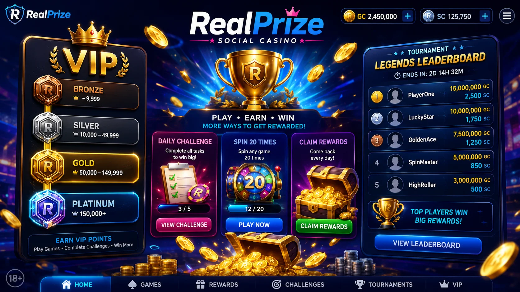 RealPrize Casino VIP program and social leaderboard with platinum and gold loyalty tiers