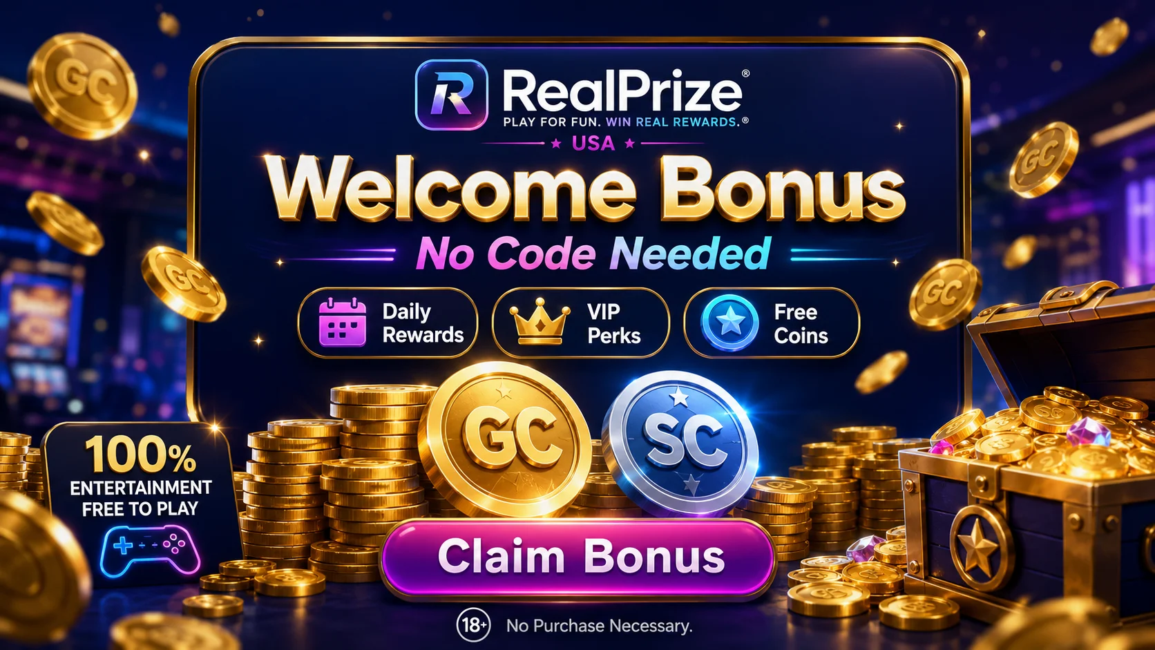 RealPrize Casino welcome bonus — 100,000 Gold Coins and 2 Sweeps Coins with no promo code needed